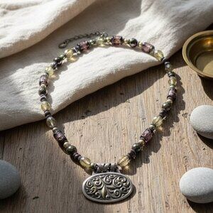 Chico’s Chunky Beaded metal glass, Aurora Borealis Purple Copper Necklace